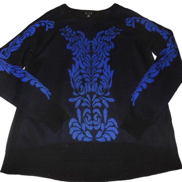 Pullover Sweater NEW Black Blue Ornamental Knit Top Long Sleeve - Picture 2 of 11